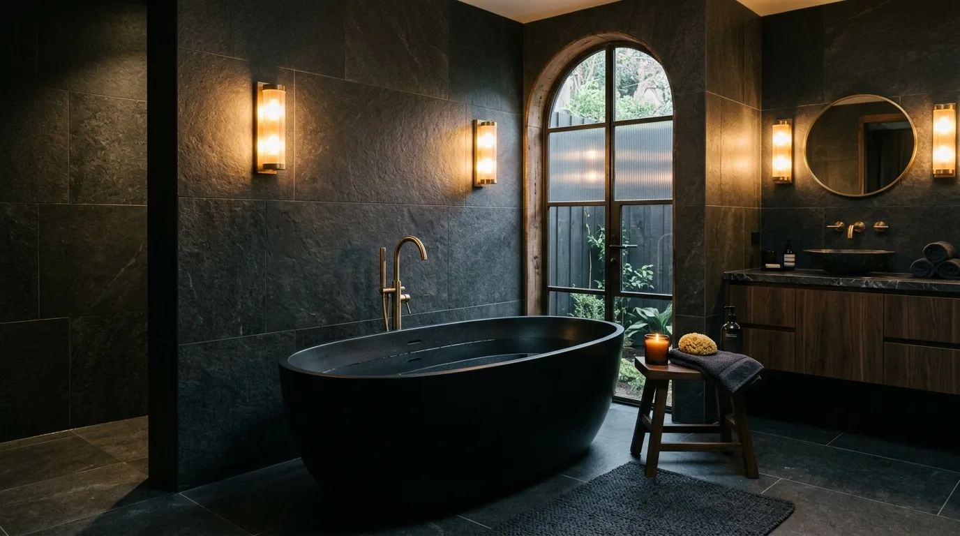 Let the vanity lighting shape the whole mood inspiration for a moody bathroom.